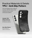 Galaxy S24 FE Case | Onyx Magnetic - A flexible black camo phone case being pulled away from a silver Galaxy S24 FE.