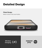 Galaxy S24 FE Case | Onyx Magnetic - Close-up of phone case bottom showing precise cutouts, wireless charging, and Samsung Pay.