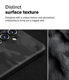 Galaxy S24 FE Case | Onyx Magnetic - Close-up of a textured black phone case with camo pattern next to a rugged stone surface.