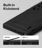 Galaxy S24 Ultra Case | Alles - Black phone case with a built-in kickstand, showing extended and retracted positions.