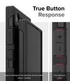 Galaxy S24 Ultra Case | Alles - Close-up of black phone case buttons with a plus symbol and fine aperture lines for tactile feedback.