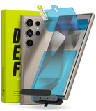 Galaxy S24 Ultra Screen Protector | Dual Easy Film [2 Pack] - A smartphone with a blue-tinted screen protector being applied.