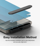 Galaxy S24 Ultra Screen Protector | Dual Easy Film [2 Pack] - Installation jig aligning a screen protector onto a phone.