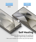 Galaxy S24 Ultra Screen Protector | Dual Easy Film [2 Pack] - Comparison showing a scratched film healing into a smooth surface.