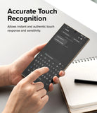 Galaxy S24 Ultra Screen Protector | Dual Easy Film [2 Pack] - Galaxy S24 Ultra Screen Protector - Hands typing on a smartphone screen to demonstrate responsive touch sensitivity.