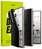 Galaxy S24 Ultra Screen Protector | Privacy Dual Easy Film - Galaxy S24 Ultra Screen Protector - Three phones showing varying levels of privacy screen darkening against a lime box.