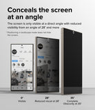 Galaxy S24 Ultra Screen Protector | Privacy Dual Easy Film - Galaxy S24 Ultra Screen Protector - Three phones showing privacy screen visibility at 0, 28, and 35-degree angles.