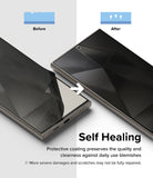Galaxy S24 Ultra Screen Protector | Privacy Dual Easy Film - Galaxy S24 Ultra Screen Protector - Before and after comparison showing a scratched screen film self-healing to a smooth surface.