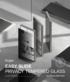 Galaxy S24 Ultra Screen Protector | Easy Slide Privacy Tempered Glass - Galaxy S24 Ultra Screen Protector - Three smartphones displayed with a privacy glass layer sliding over the screen.