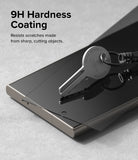 Galaxy S24 Ultra Screen Protector | Easy Slide Privacy Tempered Glass - Galaxy S24 Ultra Screen Protector - A metal key resting on a privacy screen protector, demonstrating 9H scratch resistance.