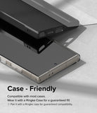 Galaxy S24 Ultra Screen Protector | Easy Slide Tempered Glass - Galaxy S24 Ultra Screen Protector - Tempered glass screen protector being applied to a smartphone inside a protective case.