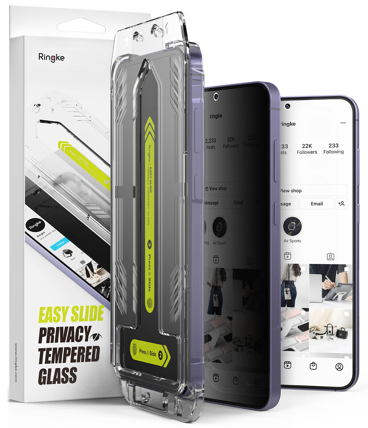 Galaxy S24 Screen Protector | Easy Slide Privacy Tempered Glass - Galaxy S24 Screen Protector - Privacy tempered glass installation tool with a slide mechanism next to two smartphones.