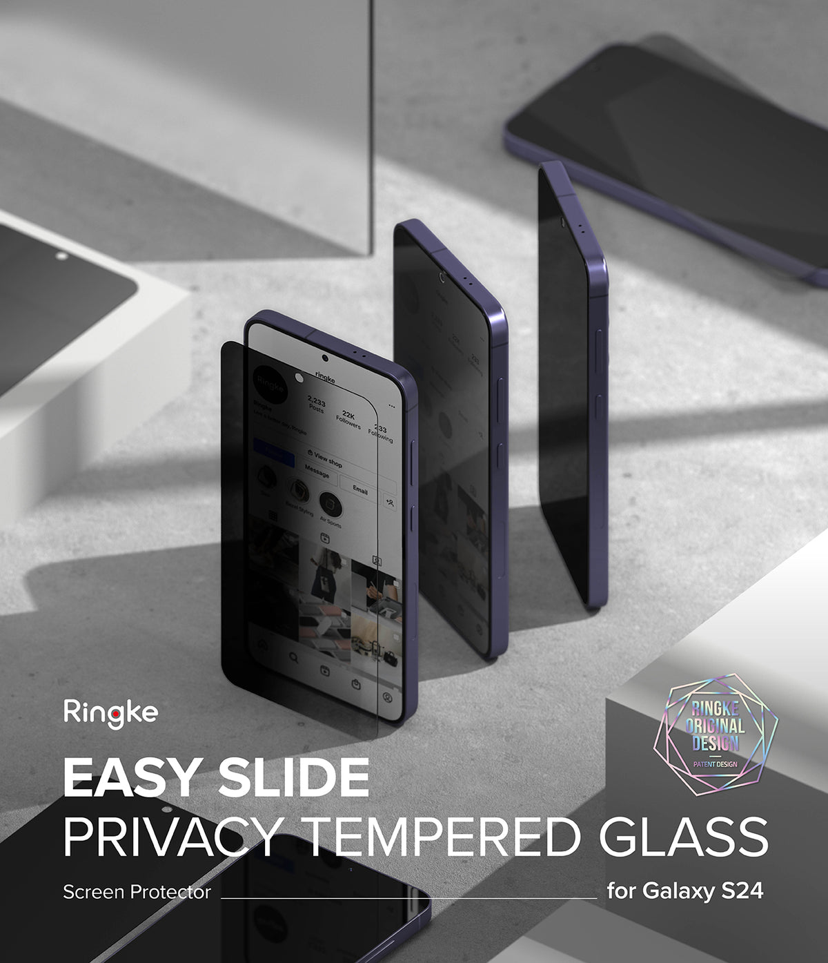 Galaxy S24 Screen Protector | Easy Slide Privacy Tempered Glass - Galaxy S24 Screen Protector - Three Galaxy S24 phones standing upright, showing a privacy screen filter from side angles.