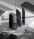 Galaxy S24 Screen Protector | Easy Slide Privacy Tempered Glass - Galaxy S24 Screen Protector - Three Galaxy S24 phones standing upright, showing a privacy screen filter from side angles.