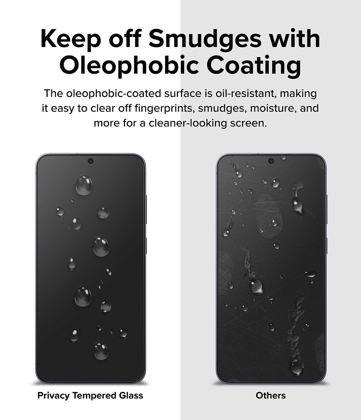 Galaxy S24 Screen Protector | Easy Slide Privacy Tempered Glass - Galaxy S24 Screen Protector - Comparison showing water beading on oleophobic glass versus smudged, wet standard glass.