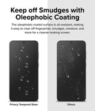 Galaxy S24 Screen Protector | Easy Slide Privacy Tempered Glass - Galaxy S24 Screen Protector - Comparison showing water beading on oleophobic glass versus smudged, wet standard glass.