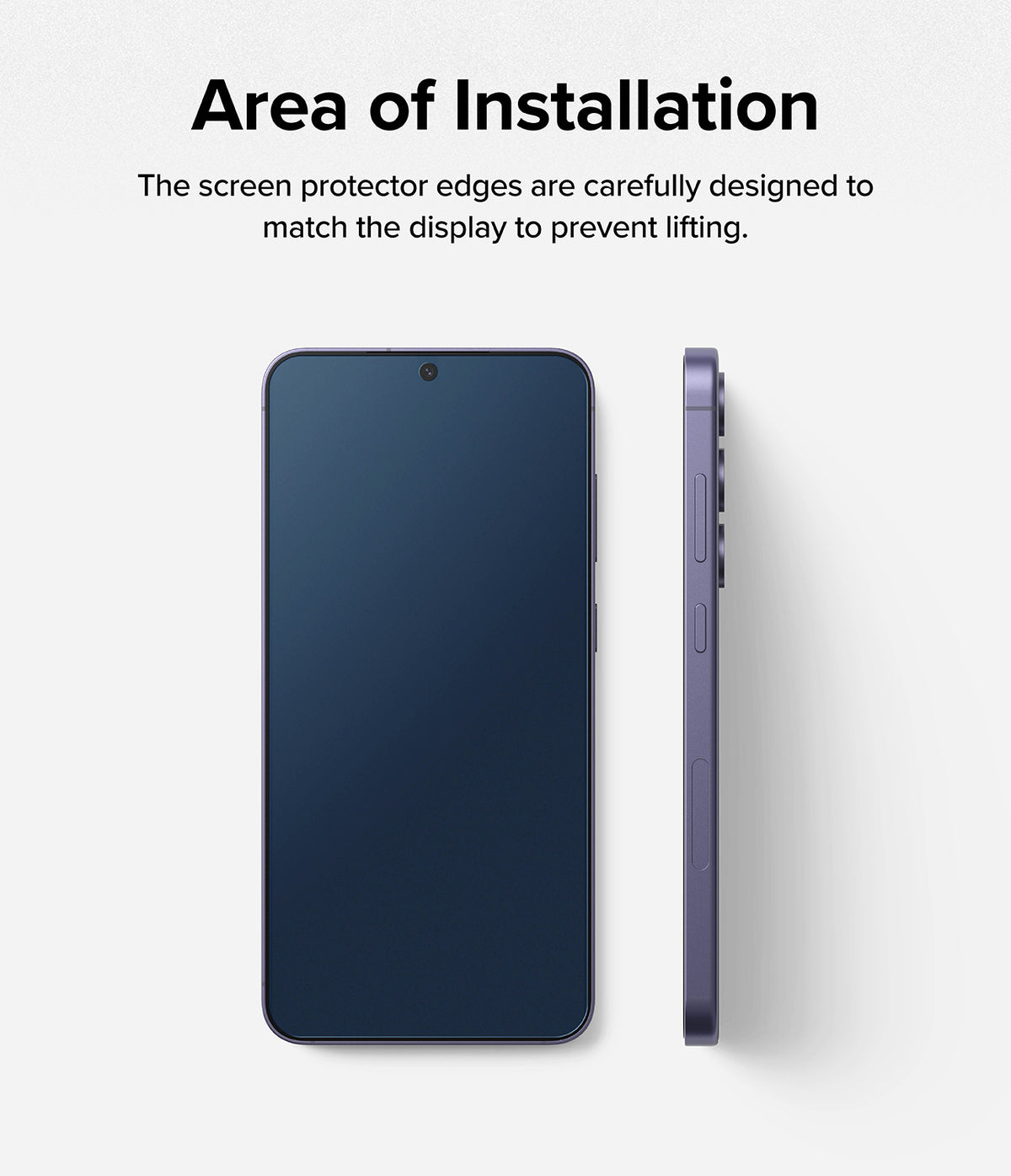 Galaxy S24 Screen Protector | Easy Slide Privacy Tempered Glass - Galaxy S24 Screen Protector - Front and side views of a Galaxy S24 phone showing the precise fit of the screen protector.