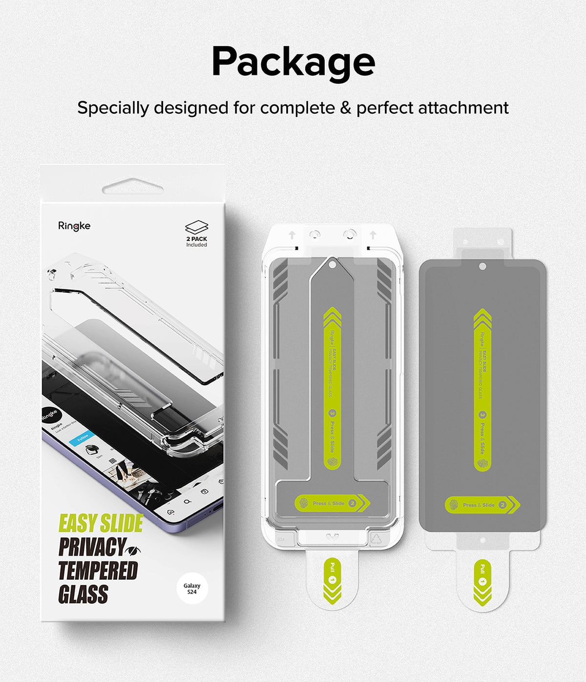 Galaxy S24 Screen Protector | Easy Slide Privacy Tempered Glass - Galaxy S24 Screen Protector - Packaging box next to two Easy Slide privacy tempered glass screen protectors with applicators.