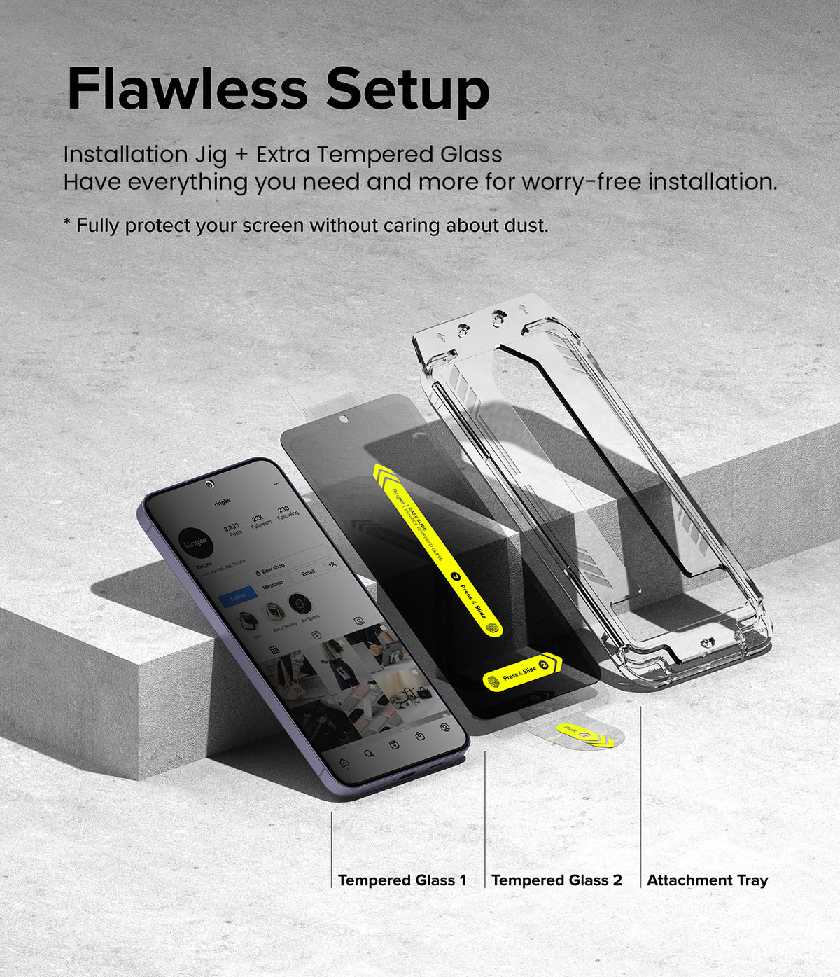 Galaxy S24 Screen Protector | Easy Slide Privacy Tempered Glass - Galaxy S24 Screen Protector - Two privacy tempered glass sheets and an installation tray displayed on a concrete surface.