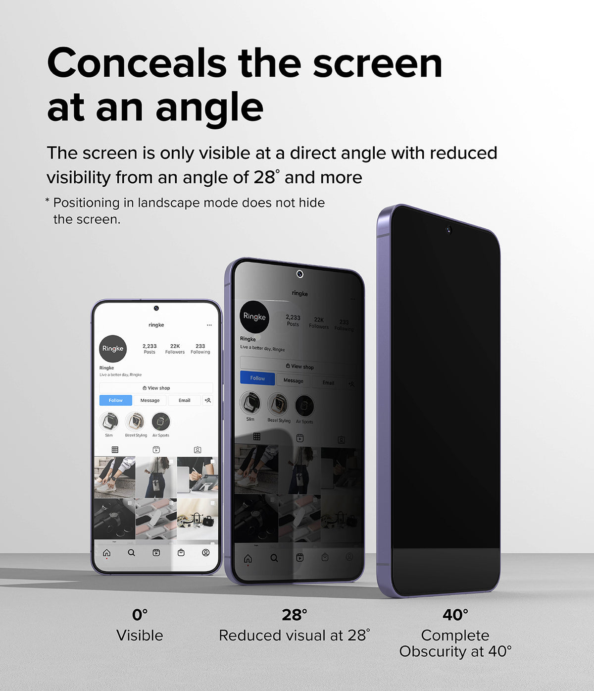Galaxy S24 Screen Protector | Easy Slide Privacy Tempered Glass - Galaxy S24 Screen Protector - Three phones showing screen visibility decreasing from clear to dark as viewing angle increases.