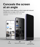 Galaxy S24 Screen Protector | Easy Slide Privacy Tempered Glass - Galaxy S24 Screen Protector - Three phones showing screen visibility decreasing from clear to dark as viewing angle increases.