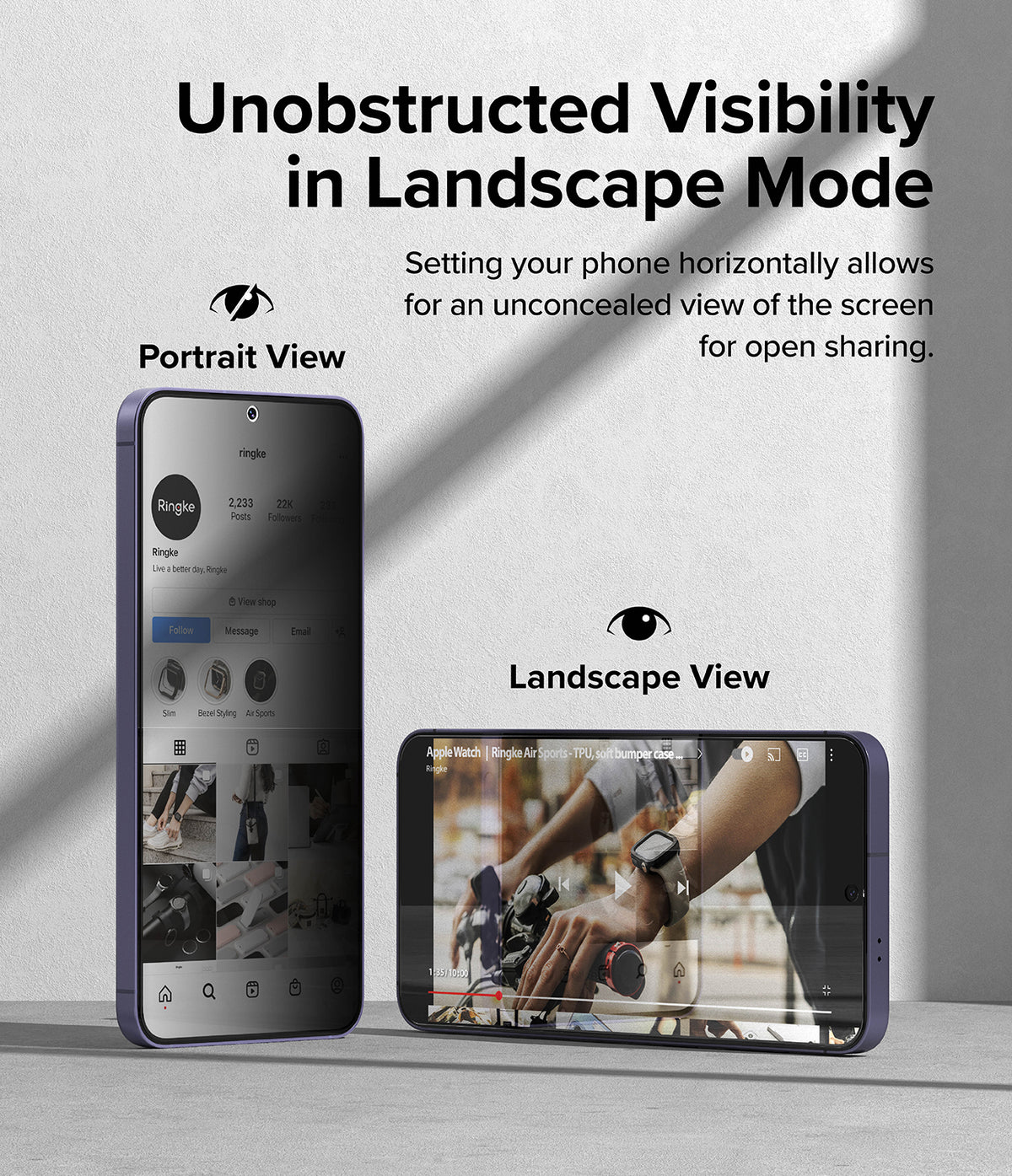 Galaxy S24 Screen Protector | Easy Slide Privacy Tempered Glass - Galaxy S24 Screen Protector - Privacy glass showing obscured portrait view and clear landscape view on a smartphone.