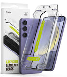 Galaxy S24 Screen Protector | Easy Slide Tempered Glass - A purple smartphone with an easy-install applicator frame.
