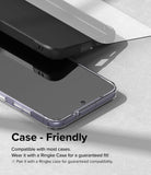Galaxy S24 Screen Protector | Easy Slide Tempered Glass - Tempered glass screen protector hovering over a phone in a case.