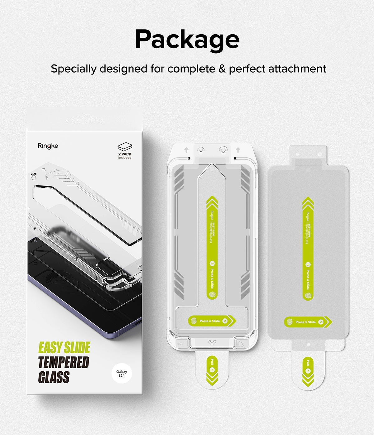 Galaxy S24 Screen Protector | Easy Slide Tempered Glass - Retail box and two screen protectors with installation tools.