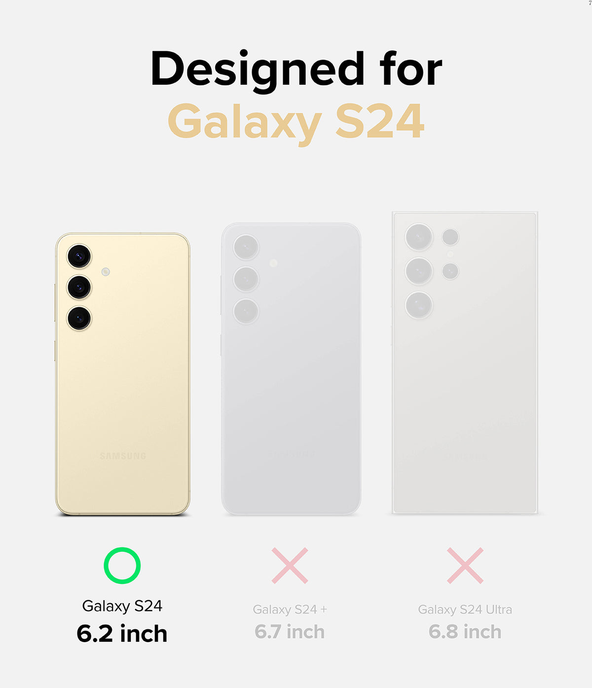 Galaxy S24 Screen Protector | Easy Slide Tempered Glass - Comparison chart showing Galaxy S24 compatibility vs S24+ and Ultra.