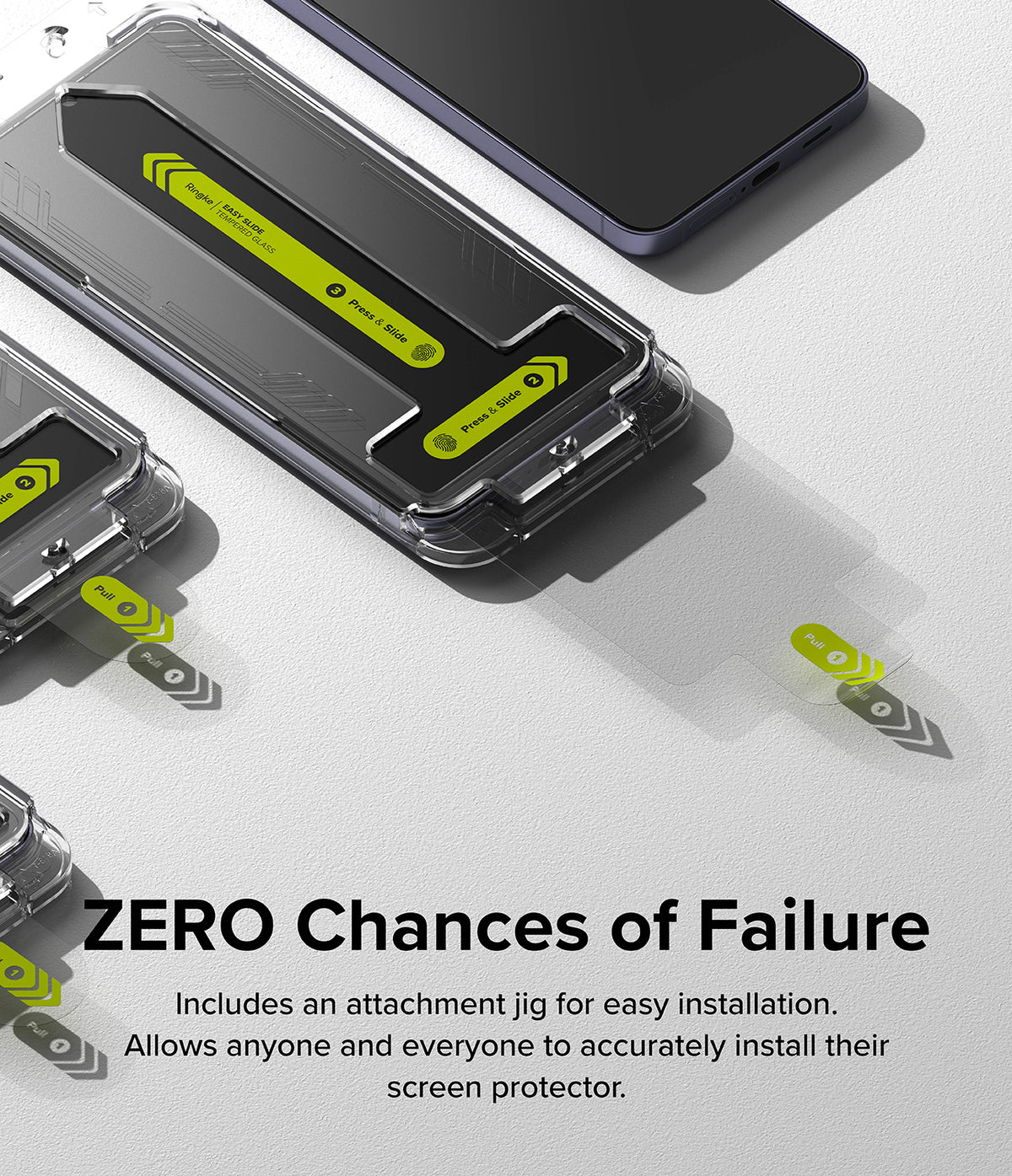 Galaxy S24 Screen Protector | Easy Slide Tempered Glass - Installation kit with alignment jig and pull tabs for phone.