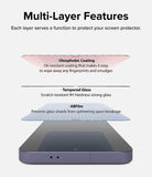 Galaxy S24 Screen Protector | Easy Slide Tempered Glass - Galaxy S24 Screen Protector - Exploded view showing oleophobic coating, tempered glass, and ABFilm layers above a smartphone.