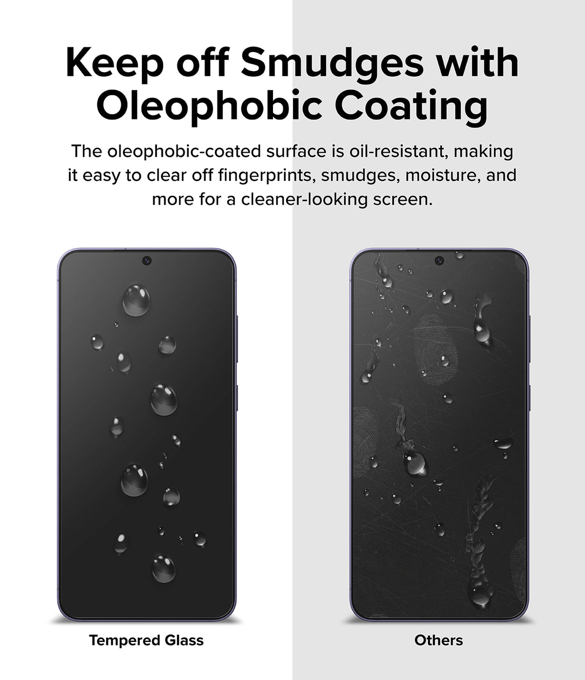 Galaxy S24 Screen Protector | Easy Slide Tempered Glass - Galaxy S24 Screen Protector - Comparison showing water beading on oleophobic tempered glass versus smudges on others.