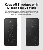 Galaxy S24 Screen Protector | Easy Slide Tempered Glass - Galaxy S24 Screen Protector - Comparison showing water beading on oleophobic tempered glass versus smudges on others.