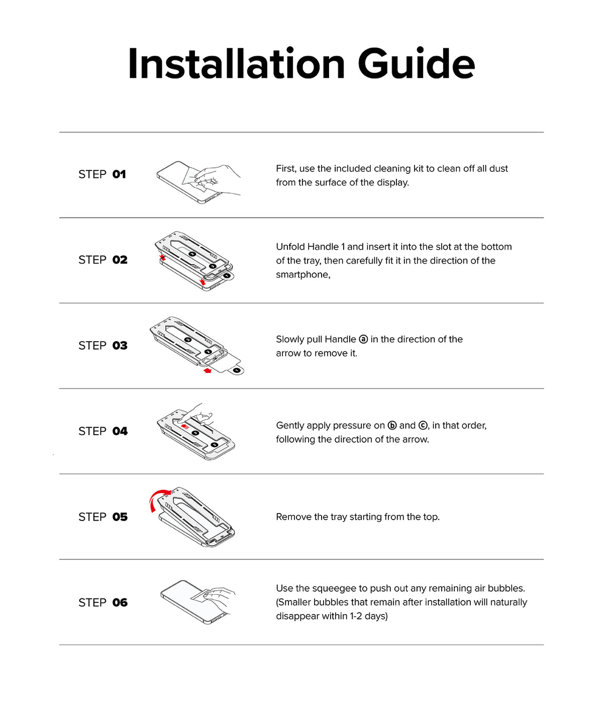 Galaxy S24 Plus Screen Protector | Easy Slide Privacy Tempered Glass - Galaxy S24 Plus Screen Protector - Six-step illustrated guide showing how to clean, align, and apply the screen protector.
