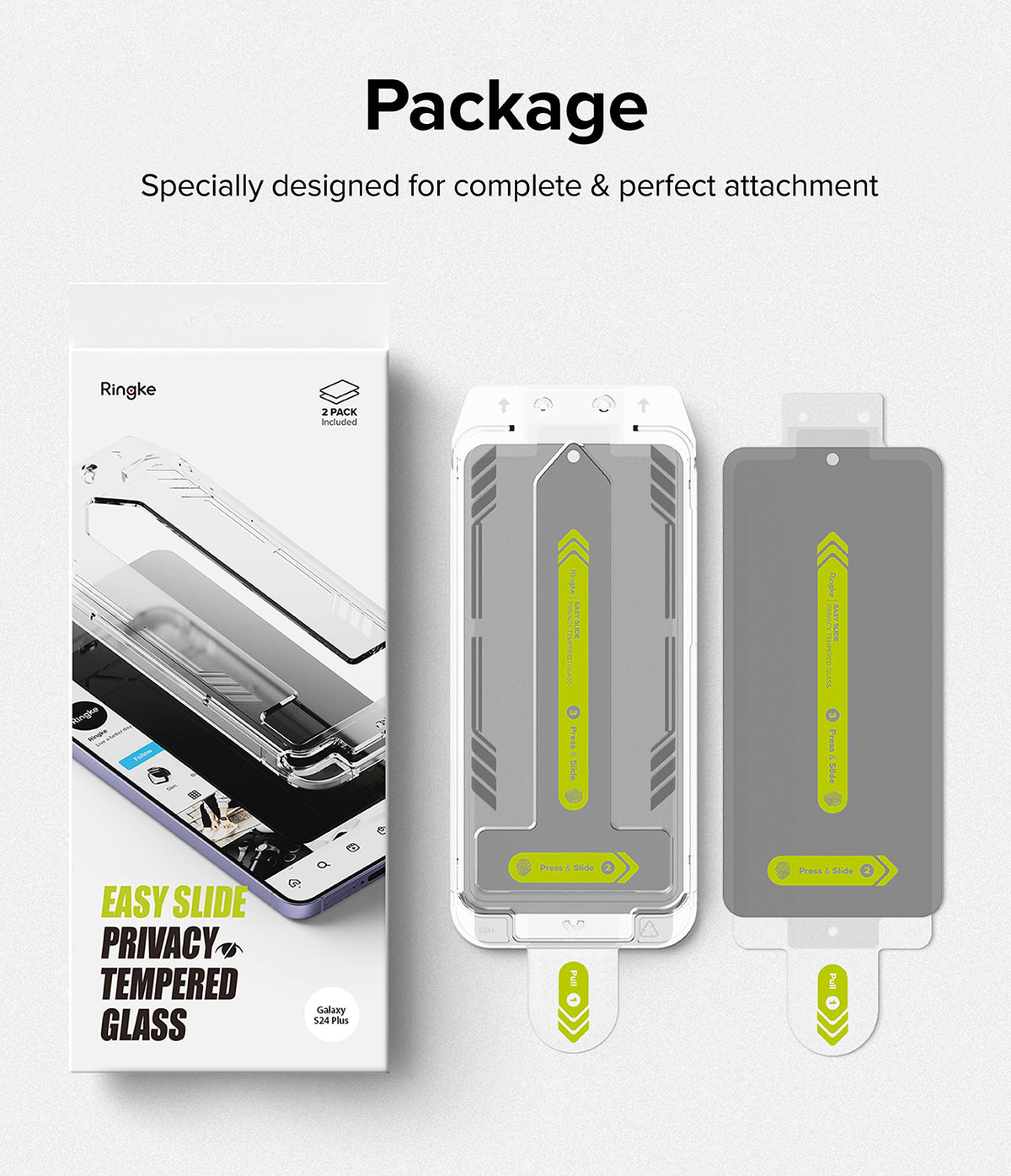 Galaxy S24 Plus Screen Protector | Easy Slide Privacy Tempered Glass - Galaxy S24 Plus Screen Protector - Packaging box next to two privacy tempered glass screen protectors with installation tools.