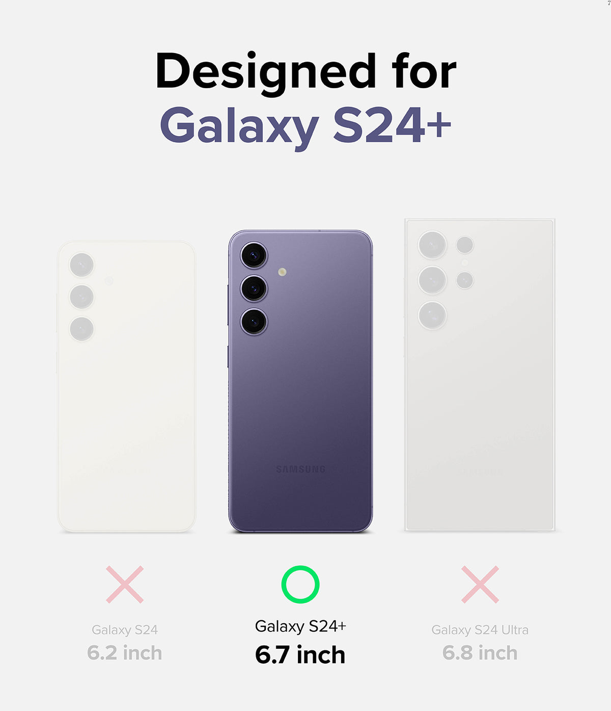 Galaxy S24 Plus Screen Protector | Easy Slide Privacy Tempered Glass - Galaxy S24 Plus Screen Protector - Comparison showing Galaxy S24+ is the correct fit among S24, S24+, and S24 Ultra.