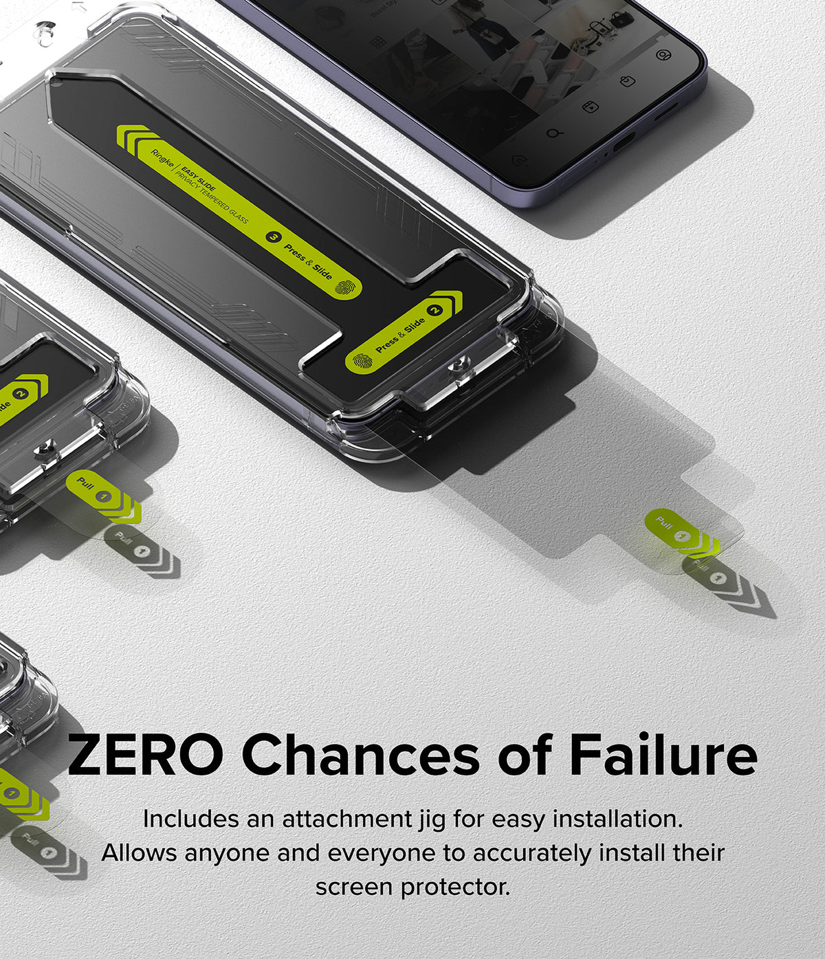 Galaxy S24 Plus Screen Protector | Easy Slide Privacy Tempered Glass - Galaxy S24 Plus Screen Protector - Easy slide installation kit with privacy glass and alignment jig for a smartphone.