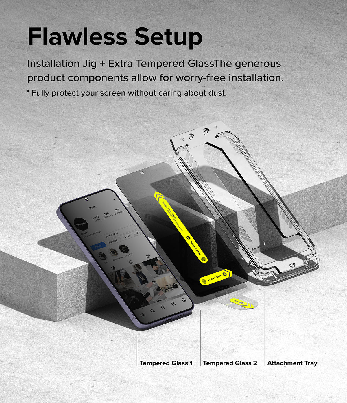 Galaxy S24 Plus Screen Protector | Easy Slide Privacy Tempered Glass - Galaxy S24 Plus Screen Protector - Smartphone, two privacy tempered glass sheets, and an installation tray on concrete.