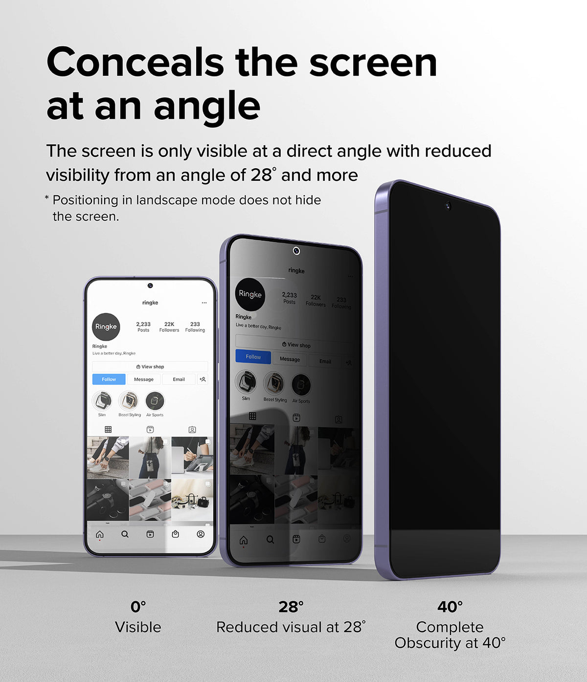 Galaxy S24 Plus Screen Protector | Easy Slide Privacy Tempered Glass - Galaxy S24 Plus Screen Protector - Three phones showing screen visibility decreasing from 0 to 40 degree angles.
