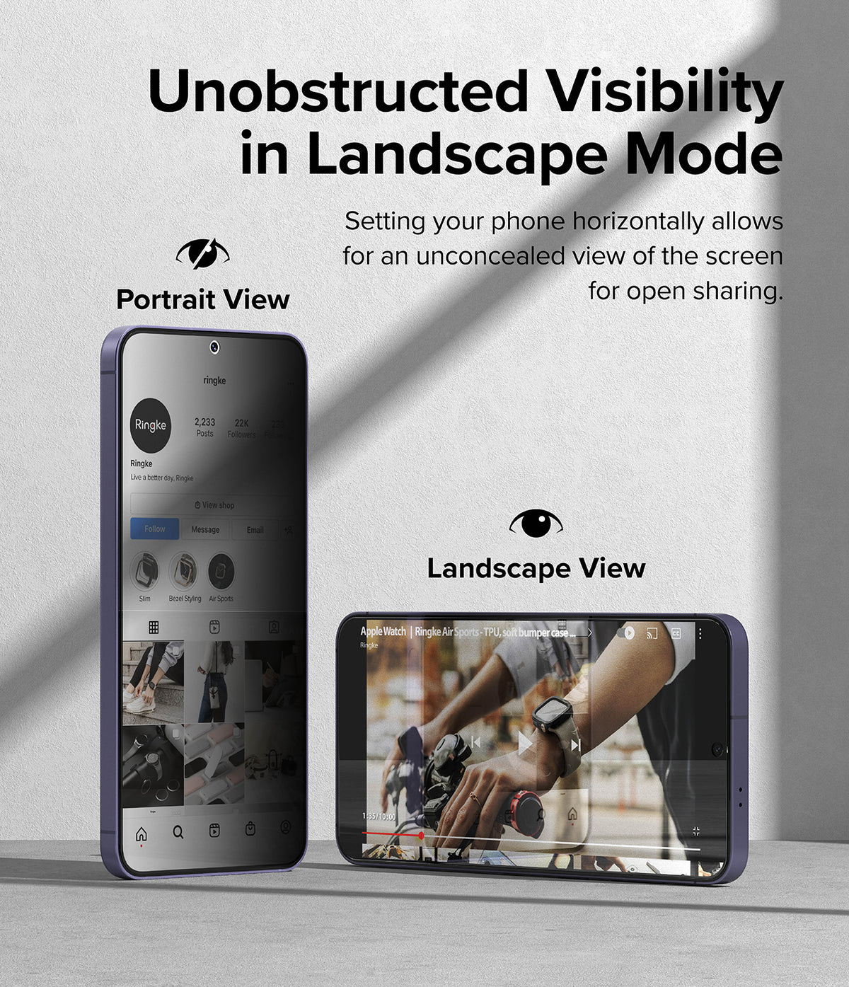 Galaxy S24 Plus Screen Protector | Easy Slide Privacy Tempered Glass - Galaxy S24 Plus Screen Protector - Comparison showing privacy in portrait mode versus clear visibility in landscape.