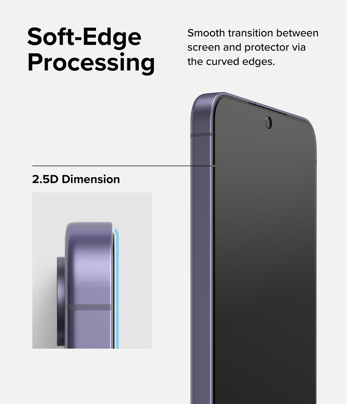 Galaxy S24 Plus Screen Protector | Easy Slide Privacy Tempered Glass - Galaxy S24 Plus Screen Protector - Close-up of a smartphone with a 2.5D curved-edge tempered glass screen protector.