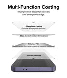 Galaxy S24 Plus Screen Protector | Easy Slide Privacy Tempered Glass - Galaxy S24 Plus Screen Protector - Exploded view showing four layers: oleophobic coating, glass, polarized film, and adhesive.