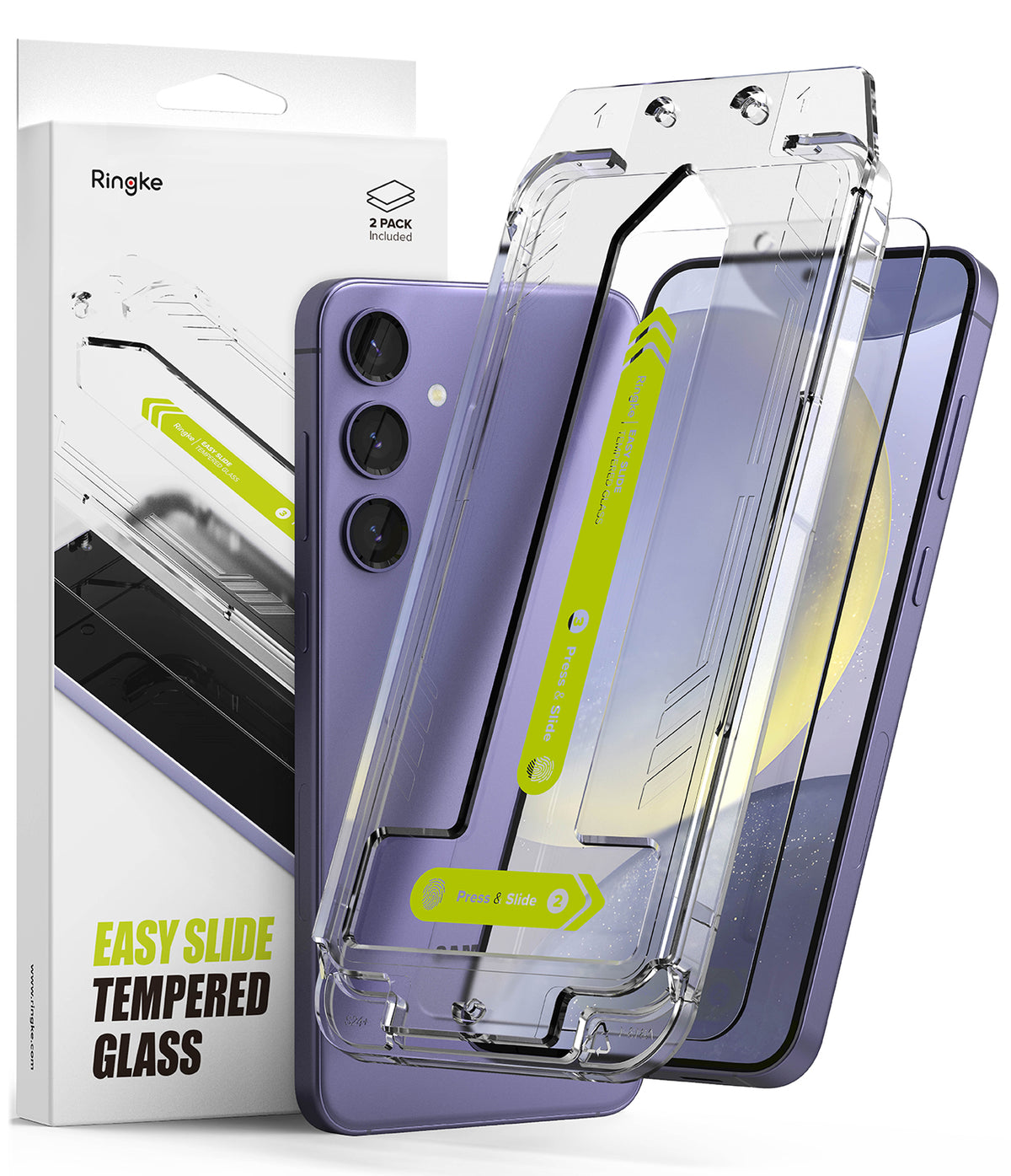 Galaxy S24 Plus Screen Protector | Easy Slide Tempered Glass - Galaxy S24 Plus Screen Protector - Easy Slide tempered glass installation kit with alignment frame and purple smartphone.