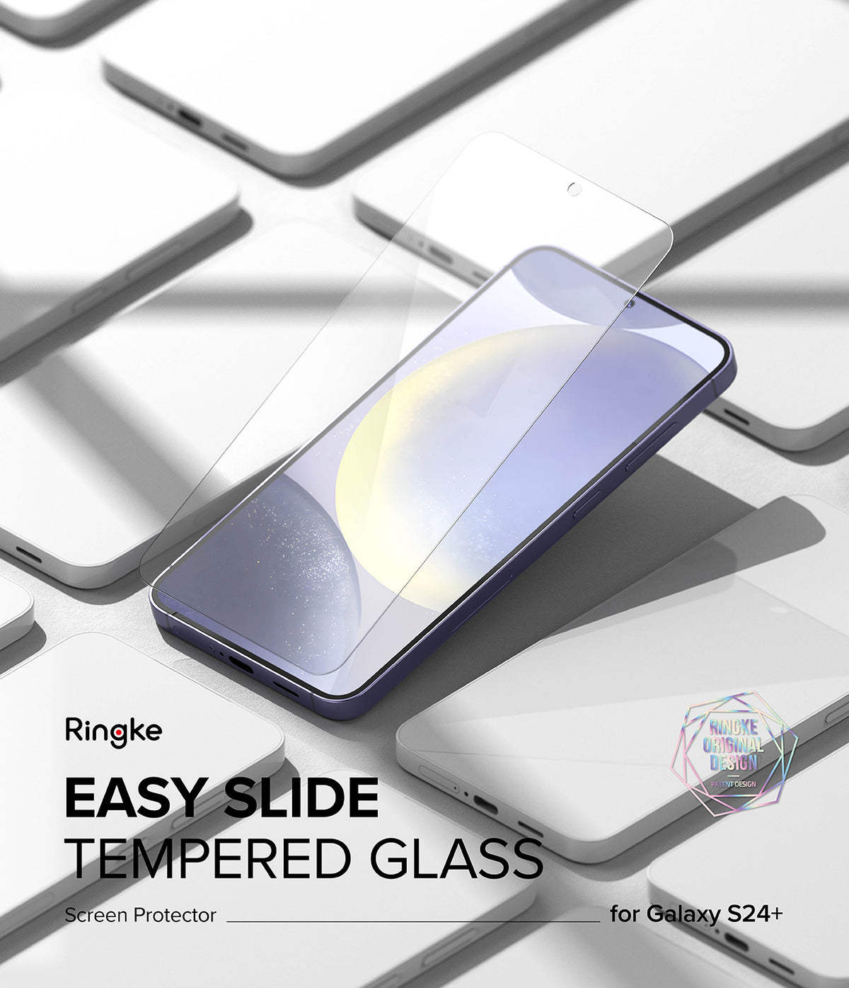 Galaxy S24 Plus Screen Protector | Easy Slide Tempered Glass - Galaxy S24 Plus Screen Protector - Tempered glass sheet hovering above a Galaxy S24 Plus smartphone on a white background.