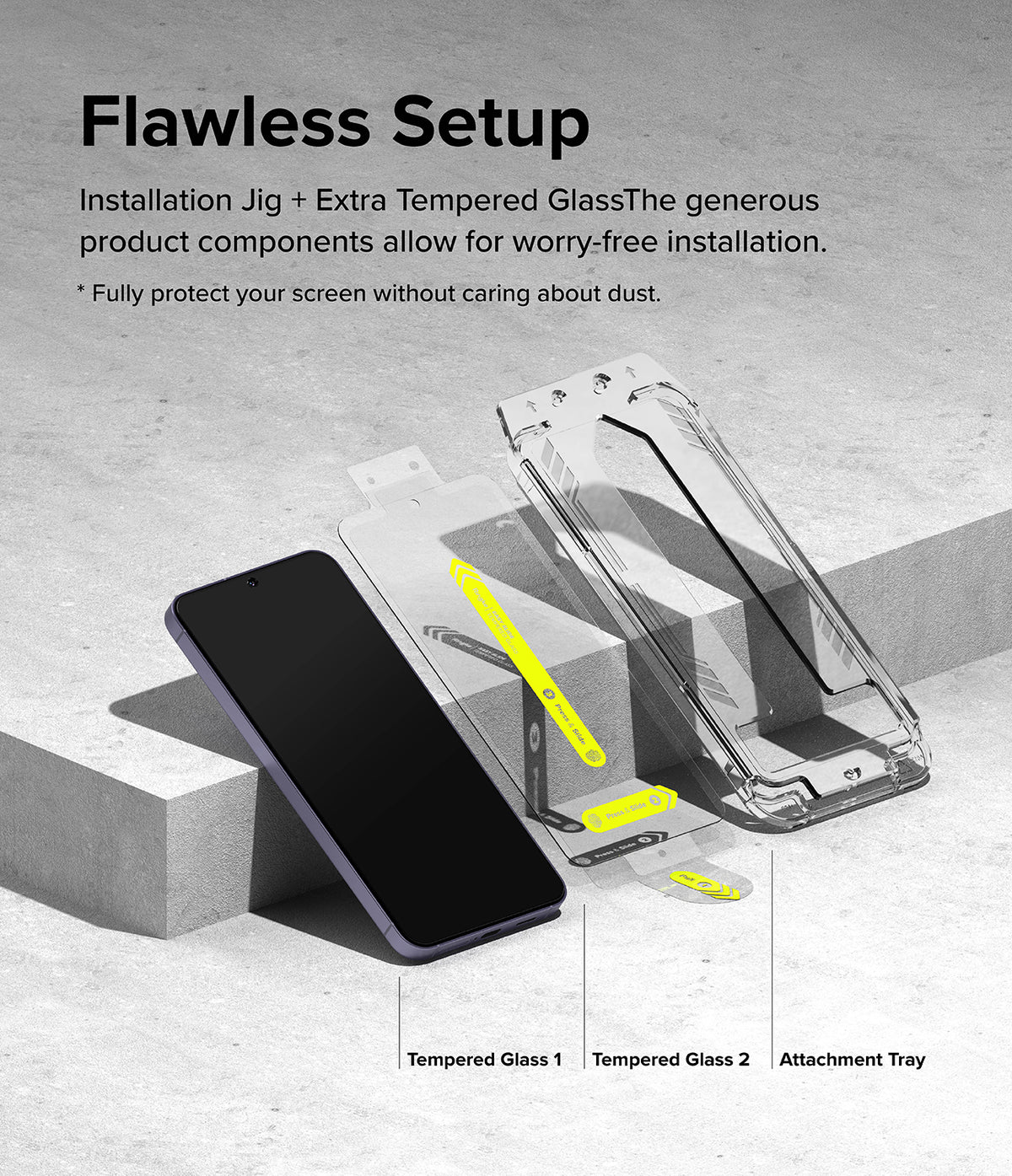 Galaxy S24 Plus Screen Protector | Easy Slide Tempered Glass - Galaxy S24 Plus Screen Protector - Smartphone, two tempered glass sheets with yellow tabs, and an installation tray.