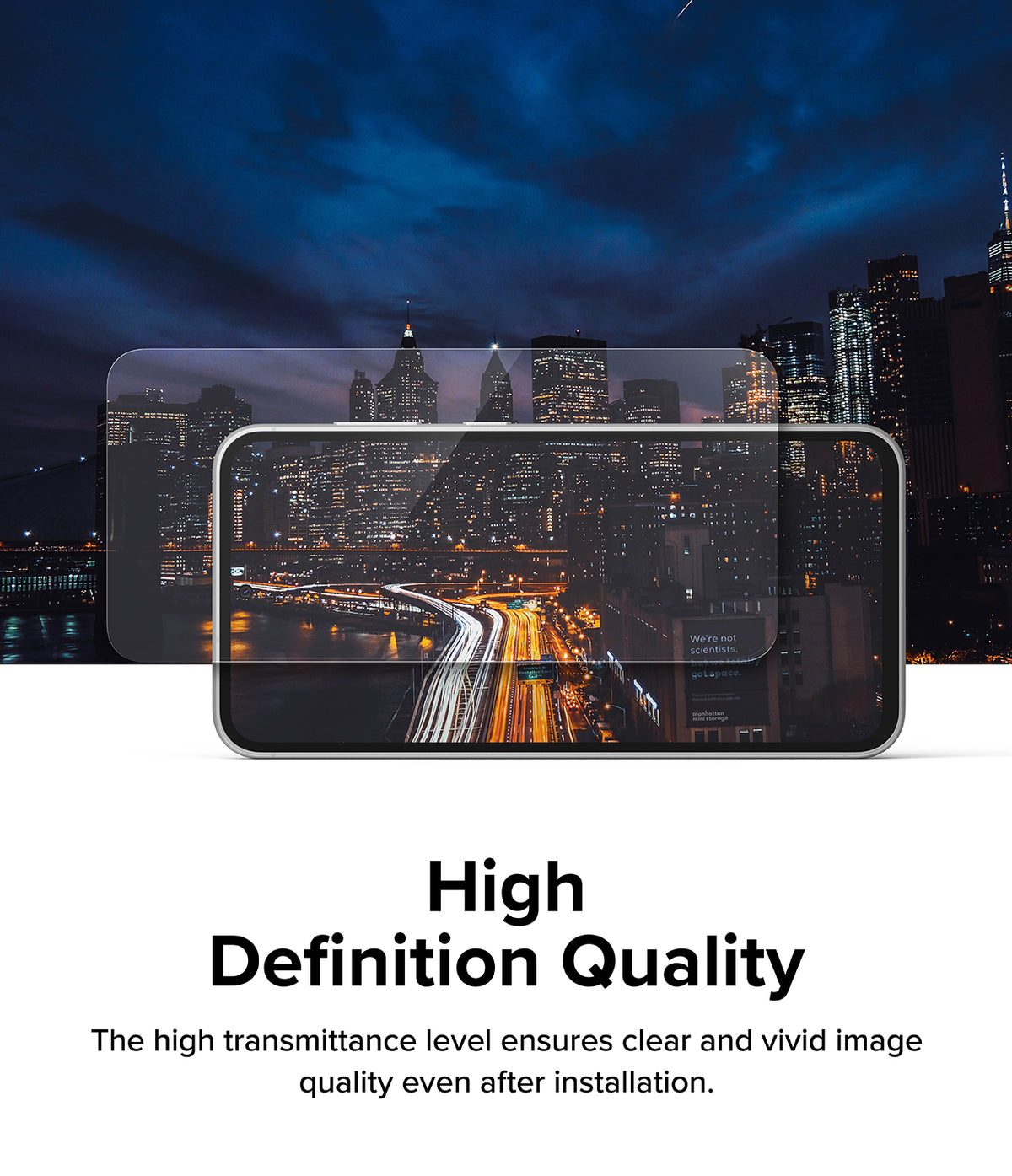 Galaxy S24 Plus Screen Protector | Easy Slide Tempered Glass - Galaxy S24 Plus Screen Protector - Tempered glass overlaying a smartphone screen displaying a vibrant city night scene.