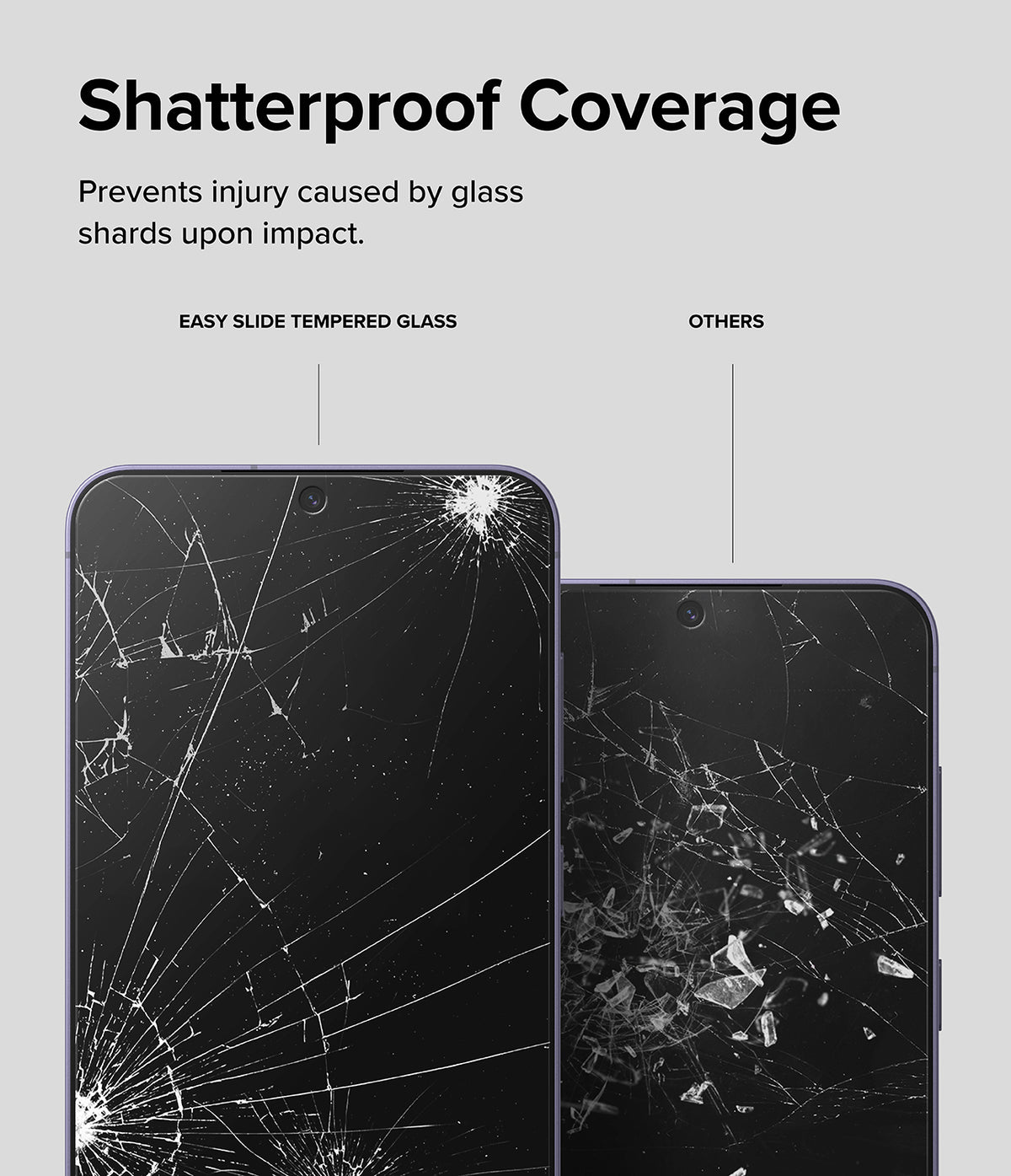 Galaxy S24 Plus Screen Protector | Easy Slide Tempered Glass - Galaxy S24 Plus Screen Protector - Comparison showing shatterproof tempered glass versus standard glass shards.