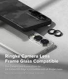 Galaxy S25 Edge | Camera Lens Frame Glass - Black camera lens protectors installed on two smartphones, one with a camo case and one clear case.