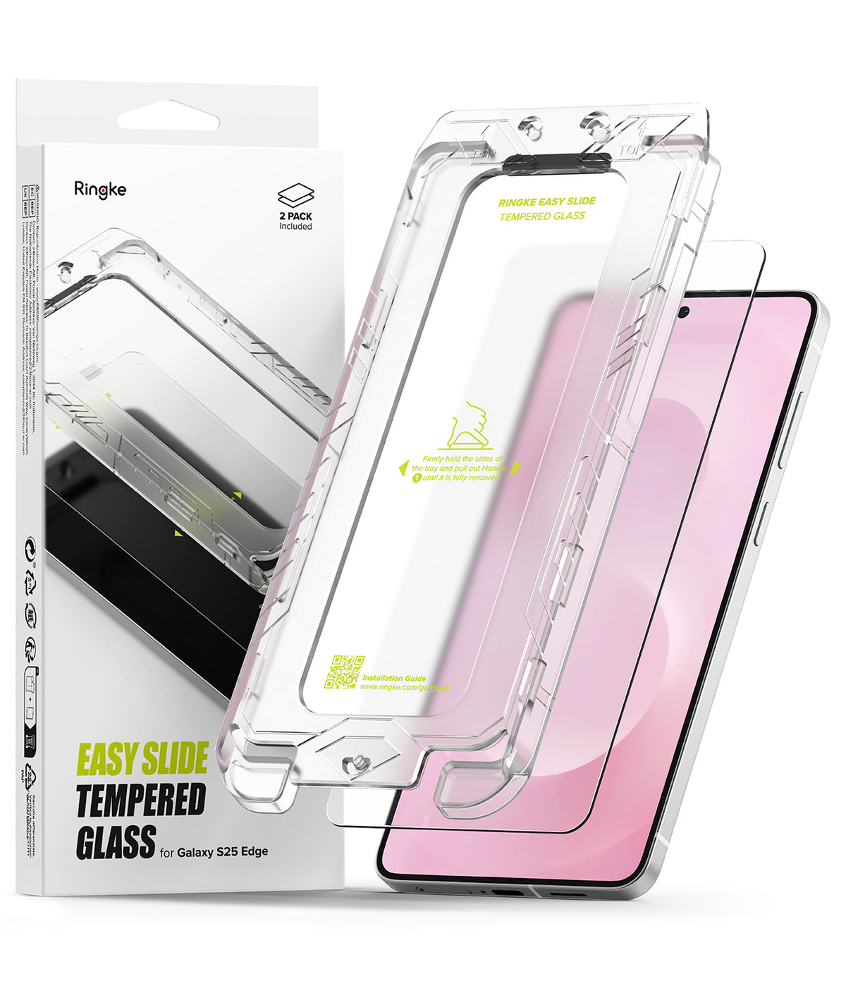 Galaxy S25 Edge Screen Protector | Easy Slide Tempered Glass - Ringke Easy Slide tempered glass kit with installation tray and smartphone.